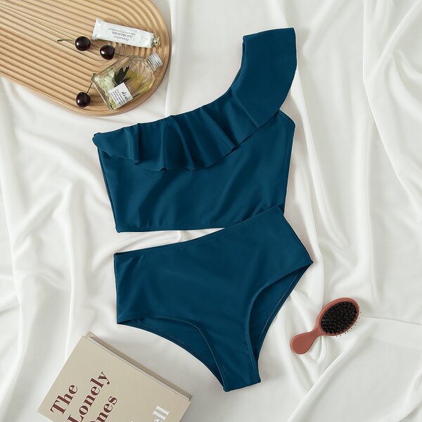 

Ruffle Trim One Shoulder Bikini Swimsuit, Teal blue
