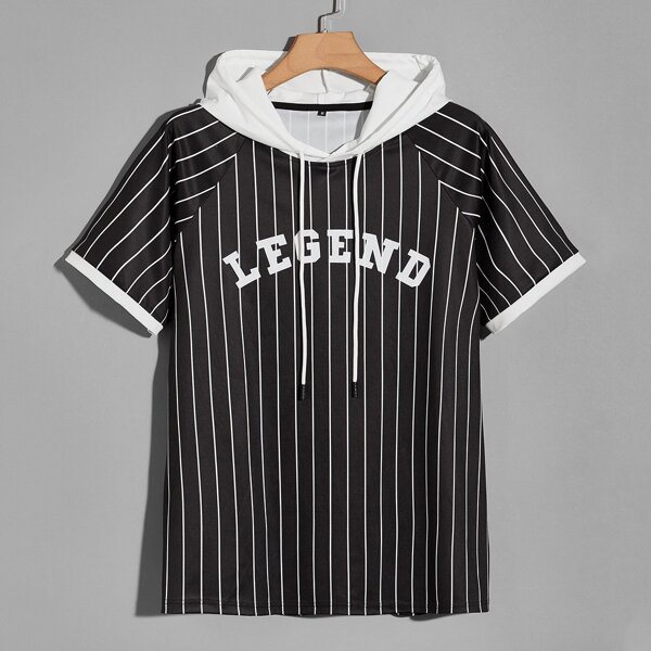 

Men Striped And Letter Hooded Tee, Black and white