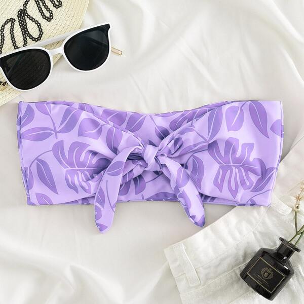 

Leaf Print Knot Front Bandeau Bikini Top, Lilac purple