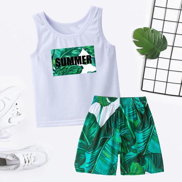 

Boys Letter Graphic Tank Top With Tropical Print Shorts, Multicolor