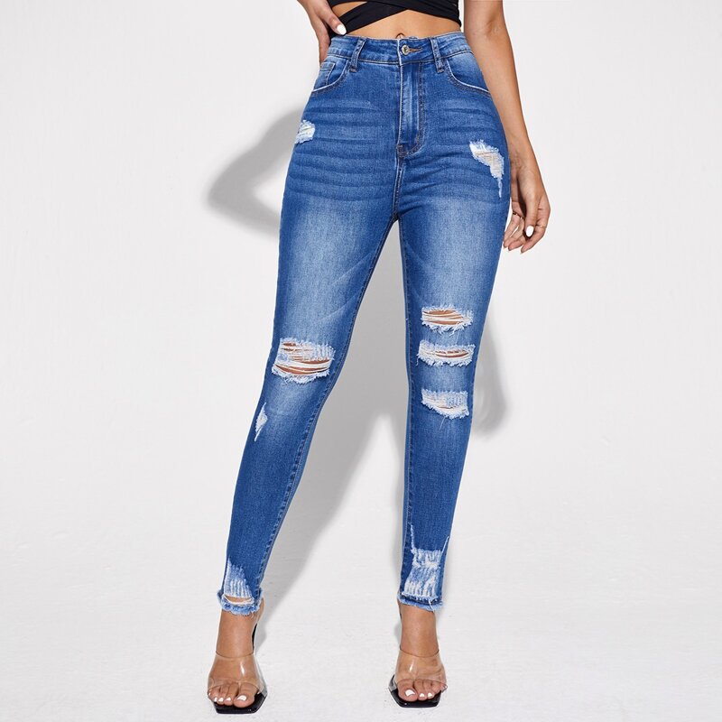 

High Waist Ripped Skinny Jeans, Medium wash