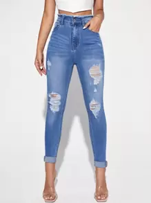 SHEIN Essnce Jeans ajustados rotos de talle alto - Azul lavado medio - Ver 1