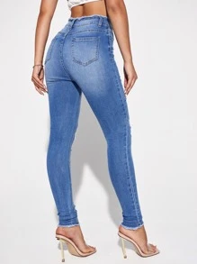 SHEIN Essnce Jeans ajustados rotos de talle alto - Azul lavado medio - Ver 2
