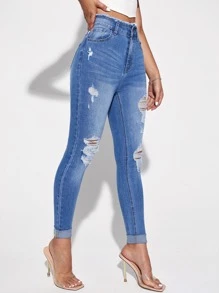 SHEIN Essnce Jeans ajustados rotos de talle alto - Azul lavado medio - Ver 4
