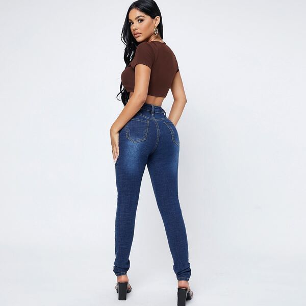 

High Waist Ripped Skinny Jeans, Dark wash