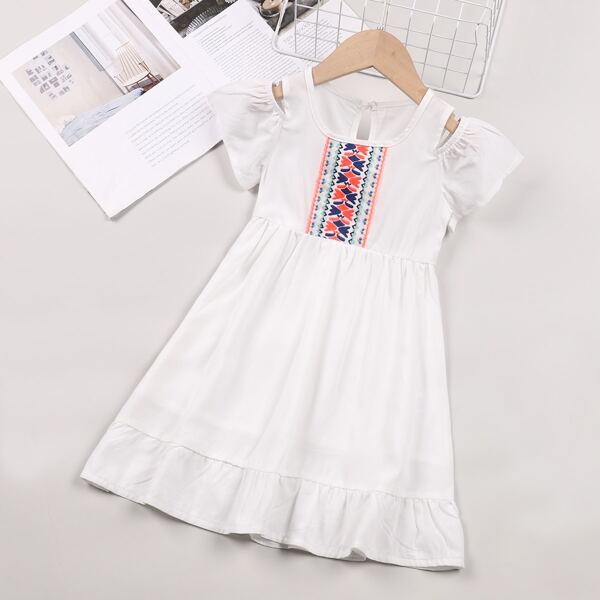 

Toddler Girls Embroidery Cold Shoulder A-line Dress, White