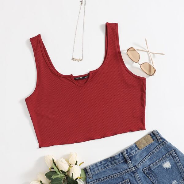 

Plus Notched Neck Rib-knit Tank Top, Burgundy