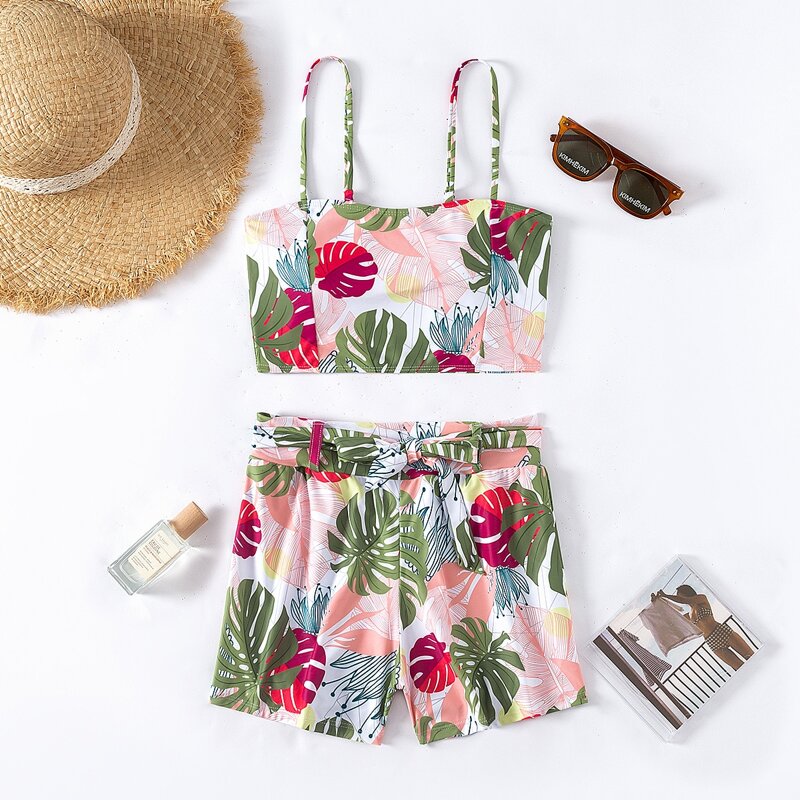 

Tropical Belted Shorts Bikini Swimsuit, Multicolor