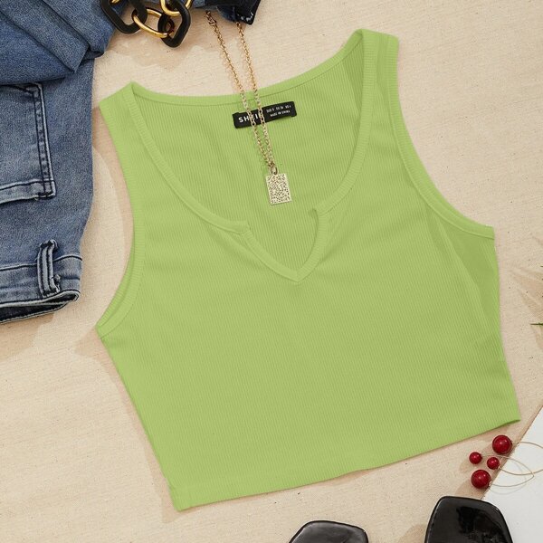 

Notch Neck Rib-knit Tank Top, Green