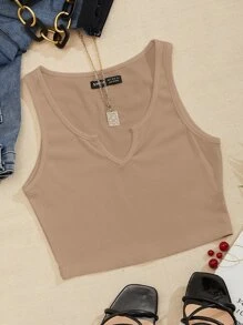 Breezaya Notch Neck Rib-knit Tank Top - Apricot - View 3