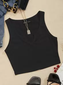 Breezaya Top tank tejido de canalé de cuello V - Negro - Ver 3