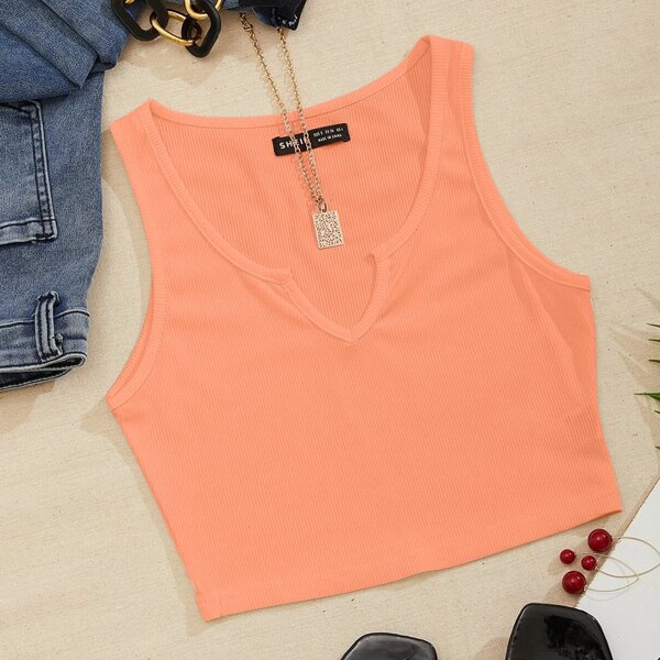 

Notch Neck Rib-knit Tank Top, Orange