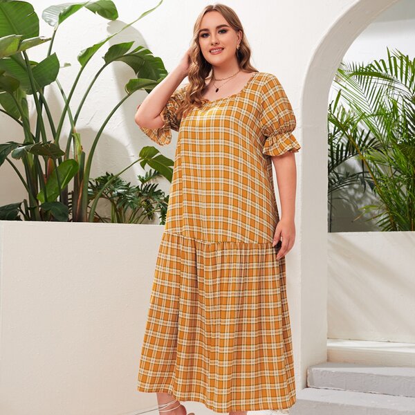 

Plus Flounce Sleeve Ruffle Hem Tartan Print Dress, Mustard yellow