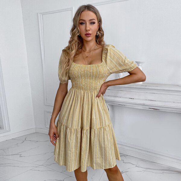 

Shirred Ruffle Hem Dress, Yellow