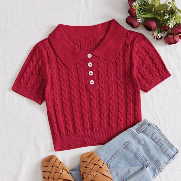 

Half Button Cable Knit Crop Top, Red