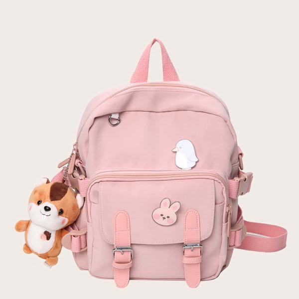 

Cartoon Decor Pocket Front Backpack, Pink