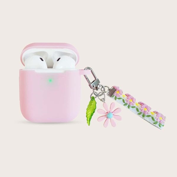 

Solid Case For Airpods With Floral Keychain, Pink