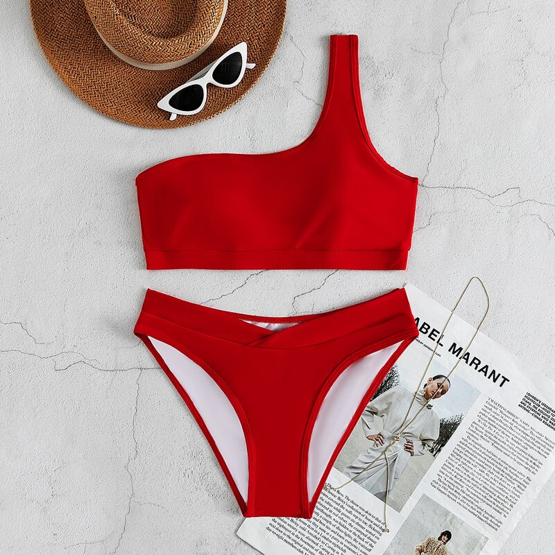 

Solid One Shoulder Bikini Swimsuit, Red