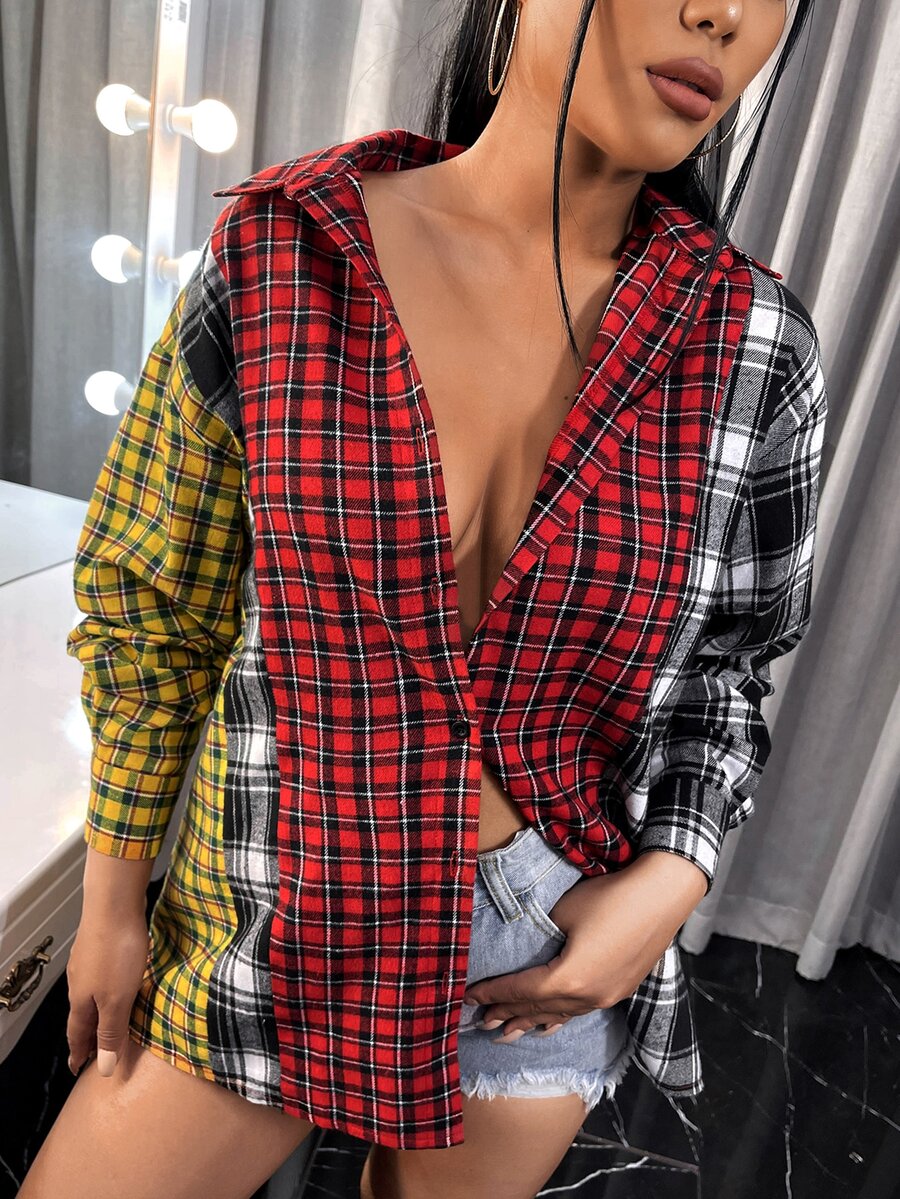 SHEIN SXY Áo sơ mi Nút Sọc ca rô Sẵn sàng - Nhiều màu - Xem 1