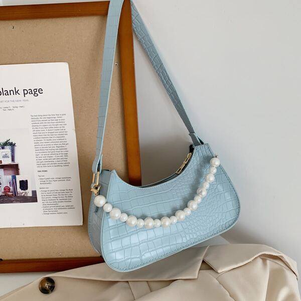 

Faux Pearl Decor Croc Embossed Shoulder Bag, Blue