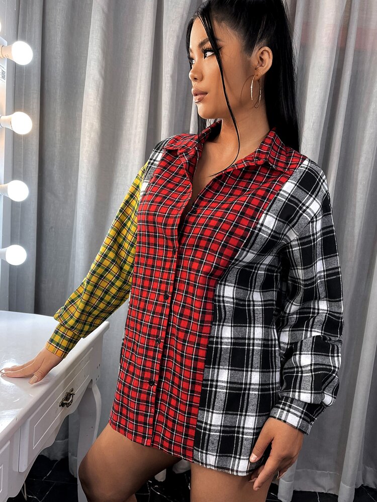 SHEIN SXY Áo sơ mi Nút Sọc ca rô Sẵn sàng - Nhiều màu - Xem 3