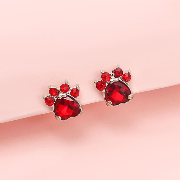 

Girls Rhinestone Paw Decor Stud Earrings, Red