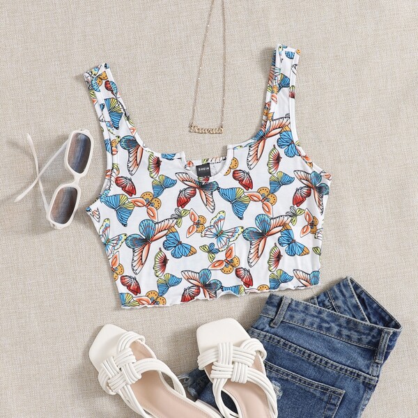 

Notch Neck Allover Butterfly Print Crop Tank Top, Multicolor