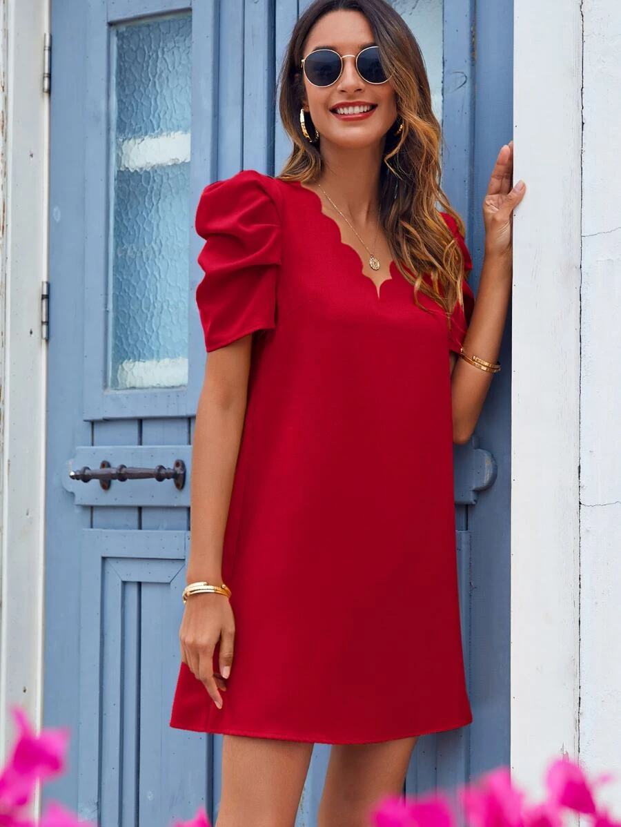 SHEIN Puff Sleeve Scallop Trim Tunic Dress - Red - View 1