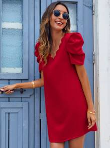 SHEIN Puff Sleeve Scallop Trim Tunic Dress - Red - View 2