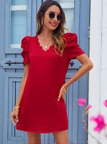 SHEIN Puff Sleeve Scallop Trim Tunic Dress - Red - View 5