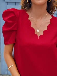 SHEIN Puff Sleeve Scallop Trim Tunic Dress - Red - View 6