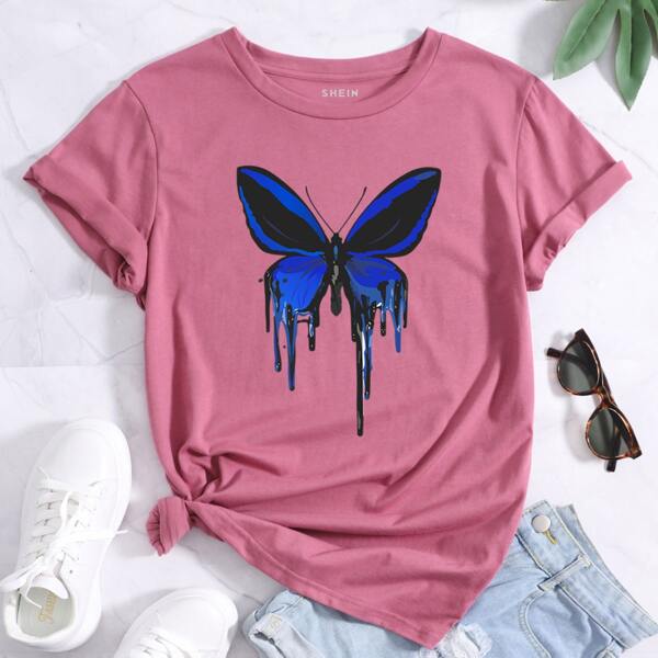 

Футболка с принтом бабочки с круглым воротником, Пыльный розовый