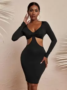 Cut Out Tie Back Bodycon Dress - Black - View 1