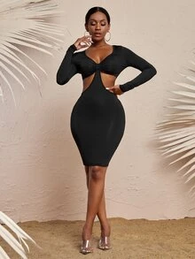 Cut Out Tie Back Bodycon Dress - Black - View 3