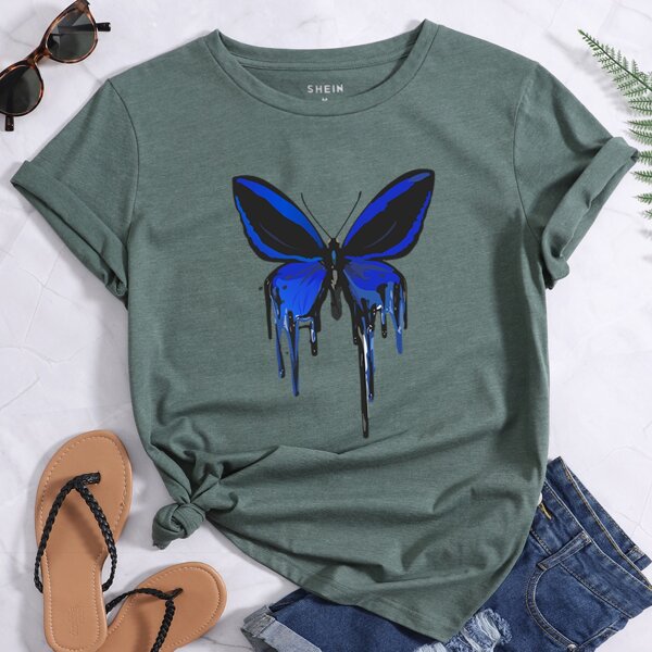 

Butterfly Print Round Neck Tee, Mint green