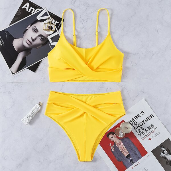 

Twist Front High Waisted Bikini Swimsuit, Yellow