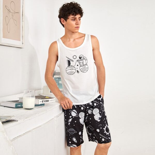 

Men Cartoon & Galaxy Print PJ Set, Black and white
