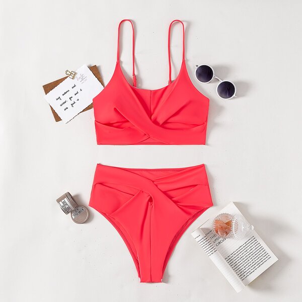 

Twist Front High Waisted Bikini Swimsuit, Watermelon pink