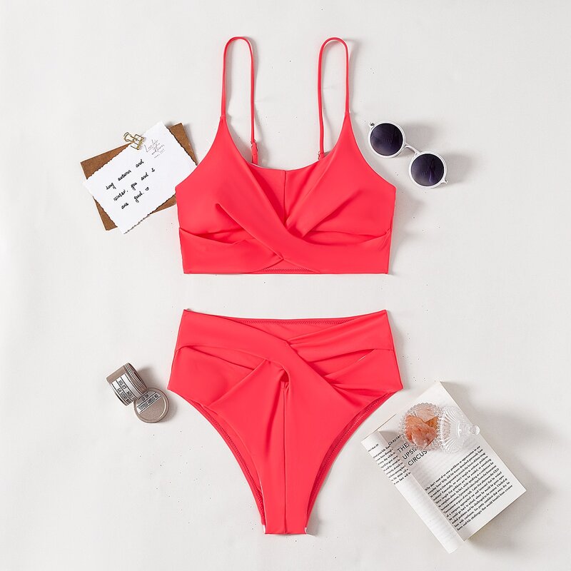 

Twist Front High Waisted Bikini Swimsuit, Watermelon pink