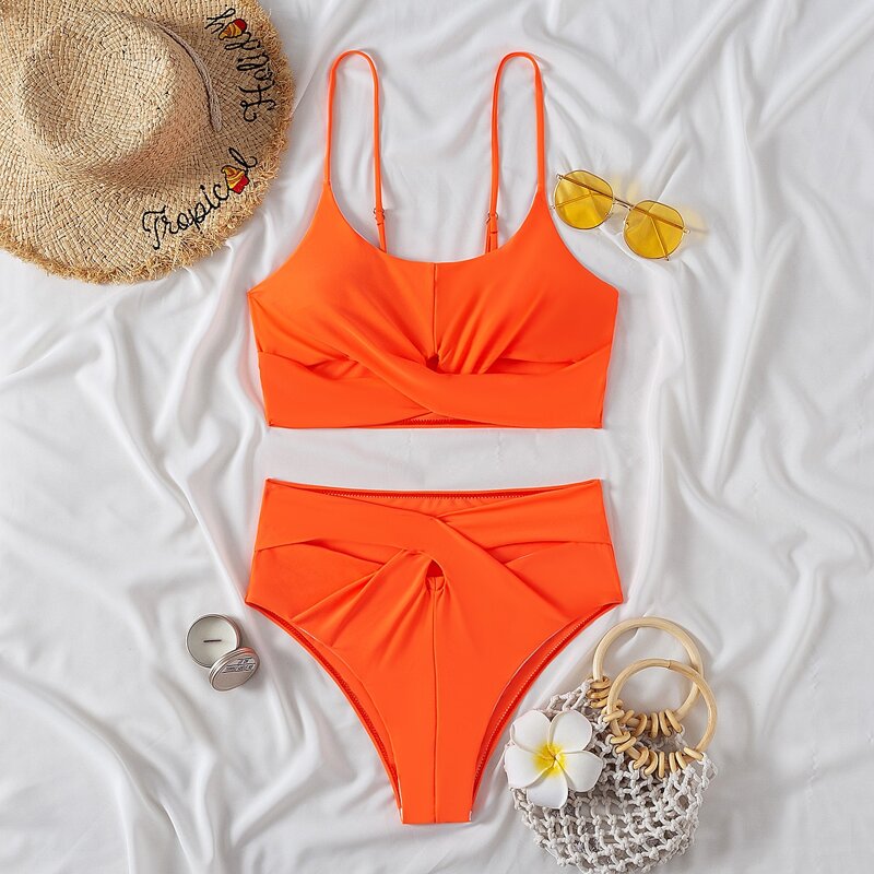 

Twist Front High Waisted Bikini Swimsuit, Orange