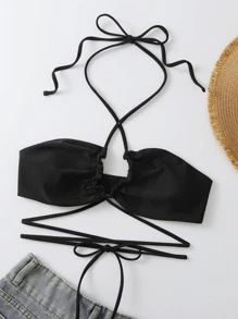 Swim Basics Summer Beach Criss Cross Halter Bikini Top - Black - View 4