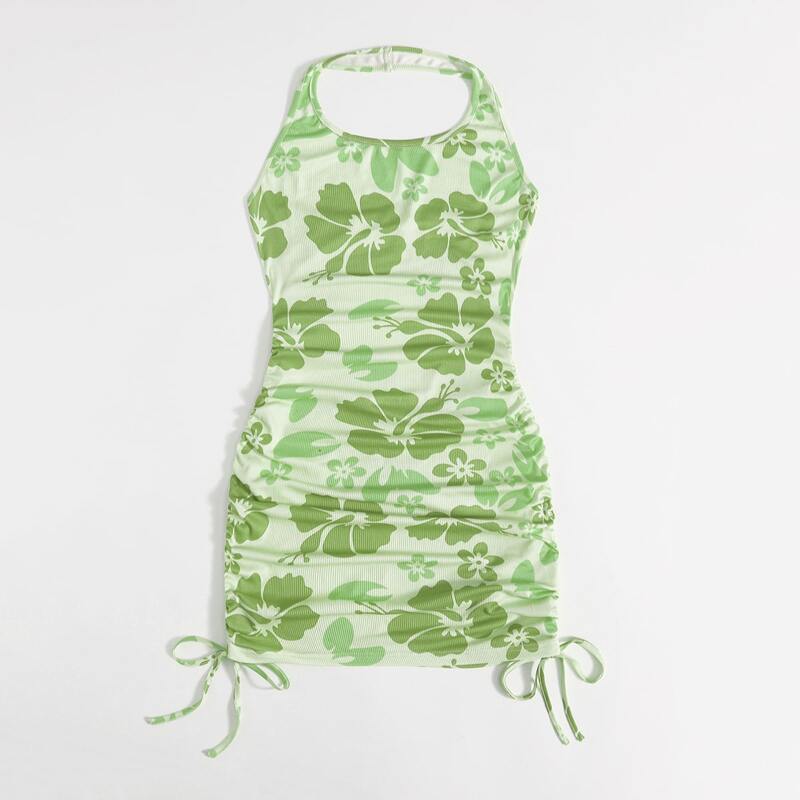 

Floral Print Drawstring Ribbed Dress, Green