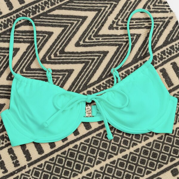 

Rib Tie Front Underwire Bikini Top, Mint blue