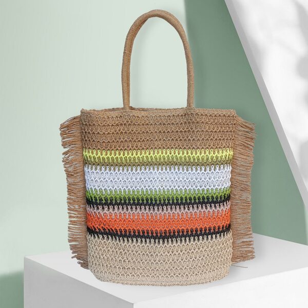 

Fringe Decor Straw Shoulder Tote Bag, Multicolor