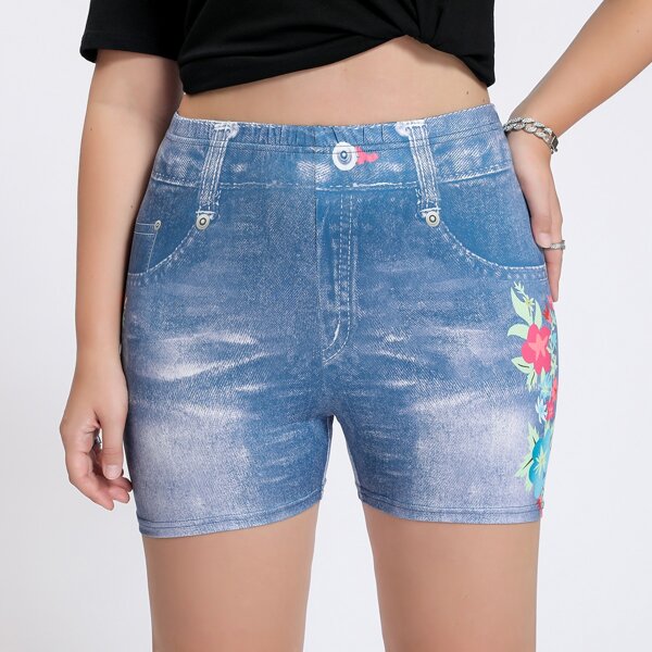 

Plus Floral Print Imitation Denim Biker Shorts, Blue