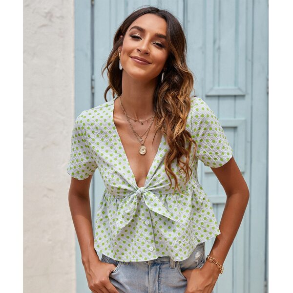 

Polka Dot Tie Front Half Button Peplum Blouse, Mint green
