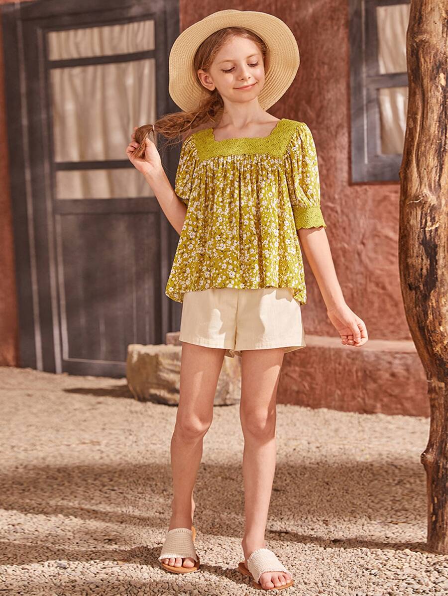 SHEIN 女孩小碎花蕾絲細節娃娃裝上衣