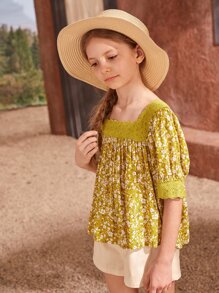 SHEIN 女孩小碎花蕾絲細節娃娃裝上衣