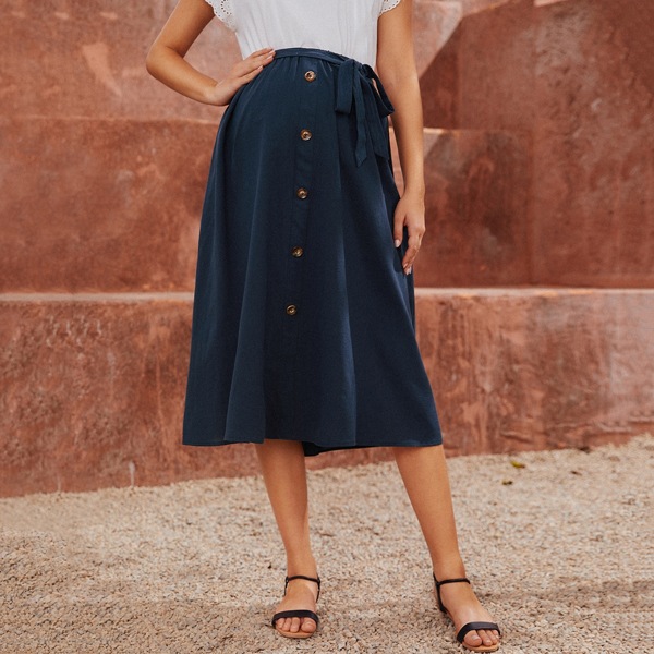 

100% COTTON Maternity Button Front Belted Skirt, Navy blue