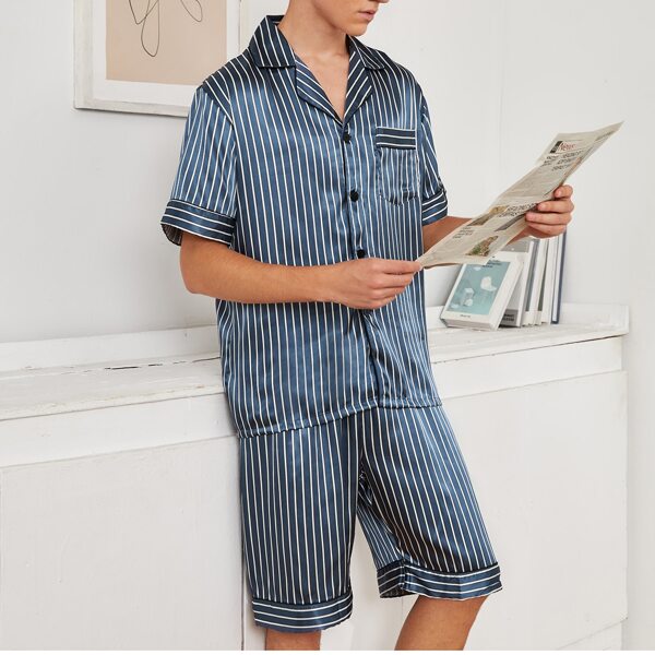 

Men Striped Print Lapel Collar Button Up PJ Set, Dusty blue